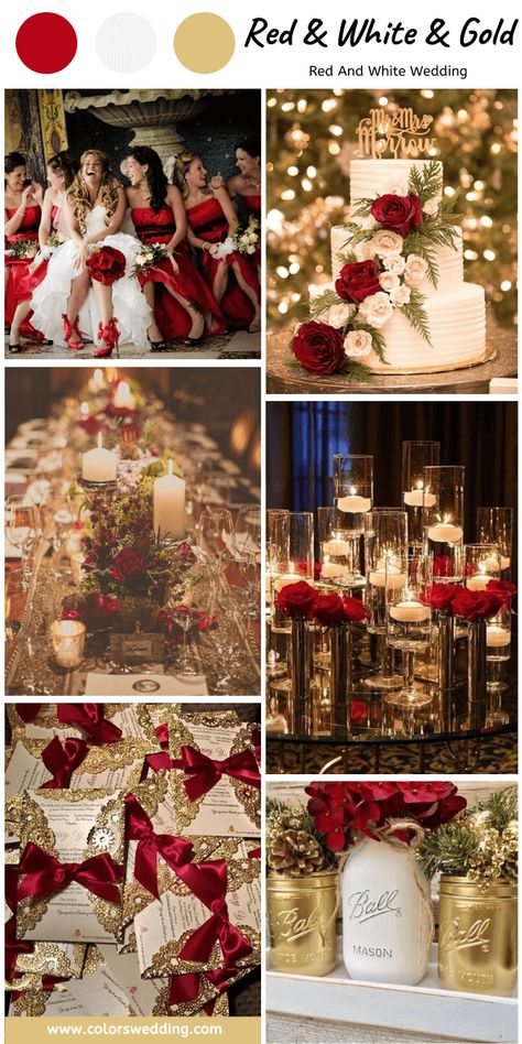 Red And Gold Spring Wedding, Red White And Gold Table Decor, Gold And Red Wedding Decorations, Wine Red Gold And White Wedding, Red White And Gold Wedding Bouquet, Gold And Red Bridesmaid Dresses, Red Silver Wedding Theme, Red Gold And White Wedding Theme, Wedding Colors Red And Gold