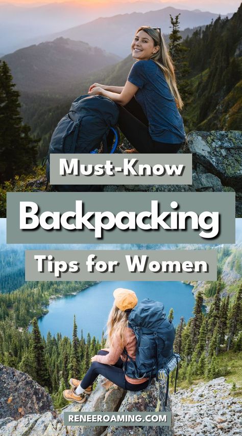 Photo collage of a woman "Renee Roaming" backpacking through the wilderness. Linked to Must Know Backpacking Tips for Women. Hygiene For Women, Hiking Gear Women, Backpacking List, Backpacking Outfits, Must Have Camping Gear, Backpacking For Beginners, Backpacking Essentials, Backpacking Guide, Backcountry Camping