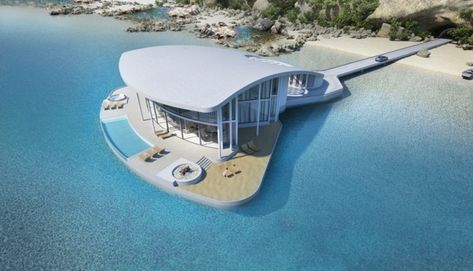 Así es por fuera y por dentro una vivienda de lujo flotante con forma de pez raya — idealista/news Crazy Home, Floating Architecture, Glazed Walls, Green Initiatives, Infinity Edge Pool, Floating Lights, Construction Plan, Floating House, Two Story Homes