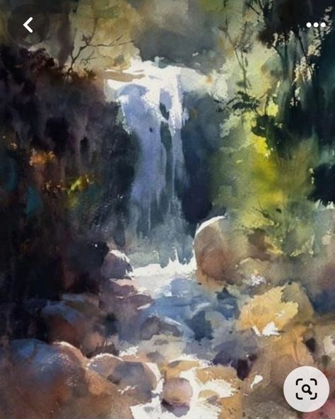 Watercolor Waterscape, Watercolor Scenery, Academic Drawing, Tree Watercolor Painting, Watercolor Art Landscape, Waterfall Paintings, Instagram Landscape, Watercolor Water, Pastel Sec