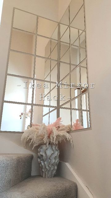 Corner Mirror Ideas, Ikea Mirror Wall, Stairs Wall Decor, Diy Mirror Wall Decor, Landing Decor, Ikea Mirror Hack, Diy Mirror Wall, Mirror Hack, Staircase Wall Decor