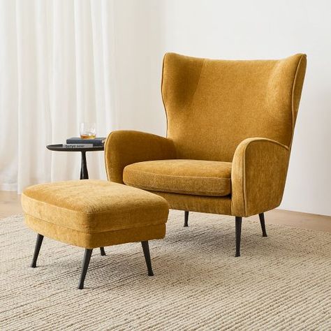 Modern Living Room Chairs | West Elm Chair And Ottoman Set, Chair Ottoman, Inspire Me Home Decor, Reading Chair, Ottoman Set, Ottoman Stool, Wing Chair, Curtains For Sale, Metal Chairs