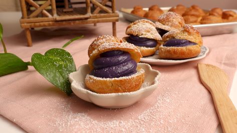 Ube Cream Puff - Jeanelleats Food and Travel Blog Ube Recipes, Sweet Sticky Rice, Cassava Cake, Cream Puff Recipe, Puff Recipe, Custard Recipes, Cream Puff, Custard Filling, Pastry Cream