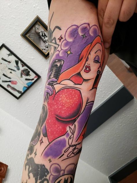 Jessica Rabbit Tattoo Design, Roger Rabbit Tattoo Ideas, Jessica Rabbit Tattoo Black And White, Roger Rabbit And Jessica Tattoo Ideas, Jessica Rabbit Cartoon Aesthetic, Jessica Rabbit Tattoo, Who Framed Roger Rabbit Tattoo, Angel Tattoo For Women, Jessica And Roger Rabbit