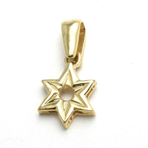 This small Jewish Star of David pendant is made of 14k yellow gold. The Star has a starburst design and a smooth finish. It hangs from a nice long bail. The pendant is thick and beautifully made. It makes a great Bat Mitzvah gift and was made in Israel. Length (including bail): 5/8" Width: 5/16" Recommended chain: box chain Starburst Design, Bat Mitzvah Gifts, Jewish Star, Star Of David Pendant, Star Of David, Gold Star, Beautifully Made, Bat Mitzvah, Box Chain