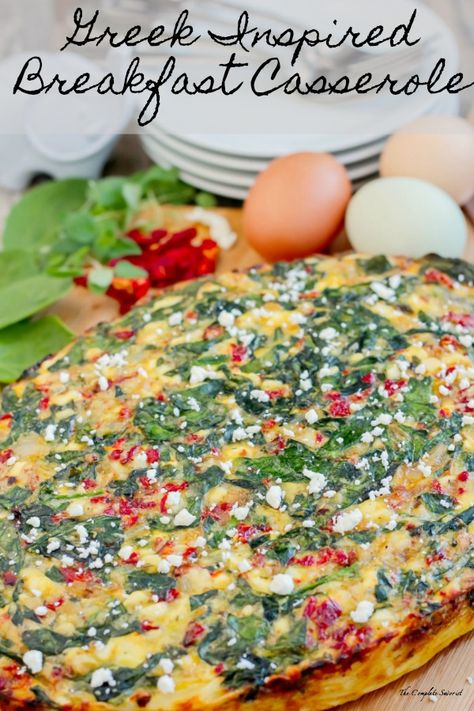 Greek Inspired Breakfast Casserole ~ Brunch recipes don’t have to be hard. This simple breakfast casserole is elevated with Greek inspired ingredients like feta cheese, spinach, and sun-dried tomatoes ~ The Complete Savorist by Michelle De La Cerda #breakfast #breakfastcasserole #greekfood #greekinspired #eggs #feta #spinach #glutenfree Simple Breakfast Casserole, Eggs Feta, Hearty Breakfast Recipes, Greek Breakfast, Cheese Spinach, Simple Breakfast, Breakfast Casserole Easy, Delicious Breakfast Recipes, Best Breakfast Recipes