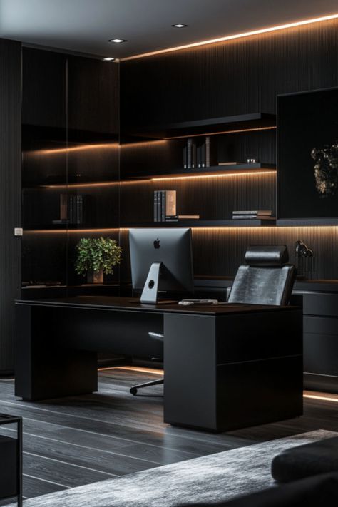 A sleek minimalist black office setup featuring clean lines and ambient lighting offers moody office inspiration, blending dark academia aesthetic with modern home offices for a dark and moody office modern look, perfect for those seeking home office ideas dark academia and a refined dark office aesthetic. Modern Contemporary Office Interiors, Black Modern Office Design, Black Moody Office, Black Office Aesthetic, Office Decorating Ideas For Work Modern, Black Desk Office Decor, Home Office For Men Modern, Dark Office Design, Batman Office