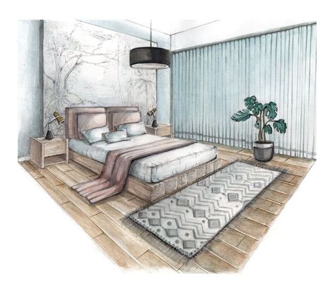 Bedroom Sketch, Perspective Room, Interior Architecture Sketch, Interior Design Sketchbook, Furniture Design Sketches, Interior Design Student, Drawing Interior, Interior Design Renderings, Interior Architecture Drawing