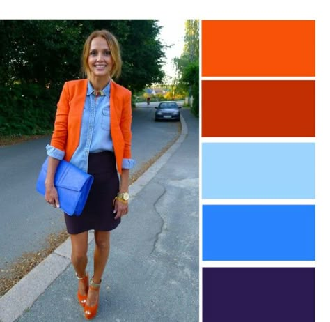 Navy blue pants, lite blue blouse, burnt orange sweater combo works for me Burnt Orange Sweater, Colour Combinations Fashion, Color Combos Outfit, Color Blocking Outfits, Color Combinations For Clothes, Orange Outfit, Orange Jacket, Navy Blue Pants, Pullover Outfit