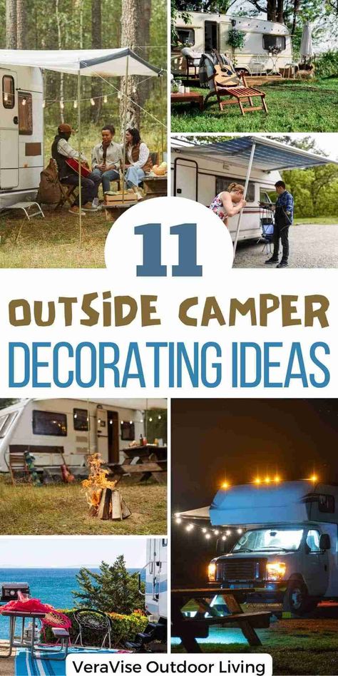 We are often so obsessed with organizing and perfecting the inside of our campers that we forget how much fun decorating the outside is too! This time we are giving the spotlight to some of the most clever and fun outside camper decorating ideas you wouldn’t want to miss. The post 11 Fun and Clever Outside Camper Decorating Ideas appeared first on VeraVise Outdoor Living. Camper Glow Up, Seasonal Rv Lot Landscaping, Camper Outdoor Decorating Ideas, Rv Outdoor Decorating Ideas, Camper Decoration Ideas, Rv Outside Decorating Ideas Patio, Outdoor Rv Decorating, Outside Rv Decor Ideas, Seasonal Camper Site Ideas