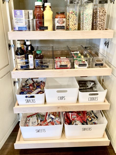 Our go-to favorite products for organizing a pantry with deep pull-out drawers! Small Pull Out Pantry Organization, Organizing Pantry Drawers, Under Cabinet Pantry Storage, Kitchen Island Organization Drawers, Sliding Drawer Pantry Organization, Pantry Organization Small Space, Small Pantry Organization Ideas Drawer, Small Pantry With Drawers, Roll Out Pantry Organization