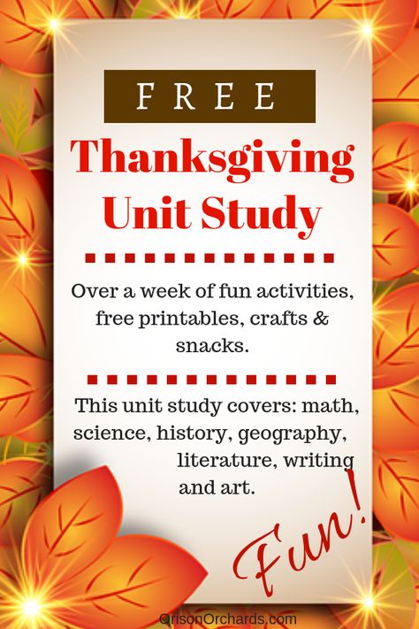 Gather your kids around for a FUN Thanksgiving Unit Study! You can spend the entire month of November, or cram it into a week, but I guarantee you'll enjoy it! As you learn the providential history of Thanksgiving, you'll also work on 'pumpkin pie math', 'cranberry science', read fantastic literature, and let's not forget all of the yummy treats! We'd love to have you join us! Unit Study Homeschool, Thanksgiving Unit Study, Homeschool Thanksgiving, History Of Thanksgiving, Homeschool Holidays, Thanksgiving History, Thanksgiving Lessons, Unit Studies Homeschool, Thanksgiving Math