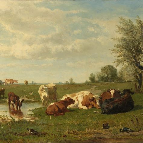 Cows in the Meadow, Gerard Bilders, 1860 - 1865 - Rijksmuseum Animal Painter, Vintage Inspired Art, Italian Landscape, Grey Horse, Antique Oil Painting, Cow Painting, Landscape Art Painting, Vintage Landscape, The Meadows