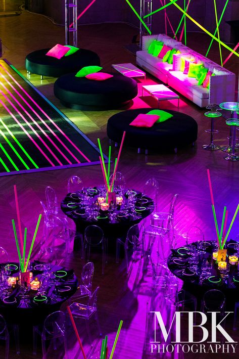 Neon Mitzvah | Revolution Event Design and Production : Revolution Event Design and Production Round Daybed, Neon Lights Party, Neon Party Decorations, Neon Tape, Glow In Dark Party, Neon Birthday Party, Mitzvah Themes, Glow Birthday Party, Bat Mitzvah Party