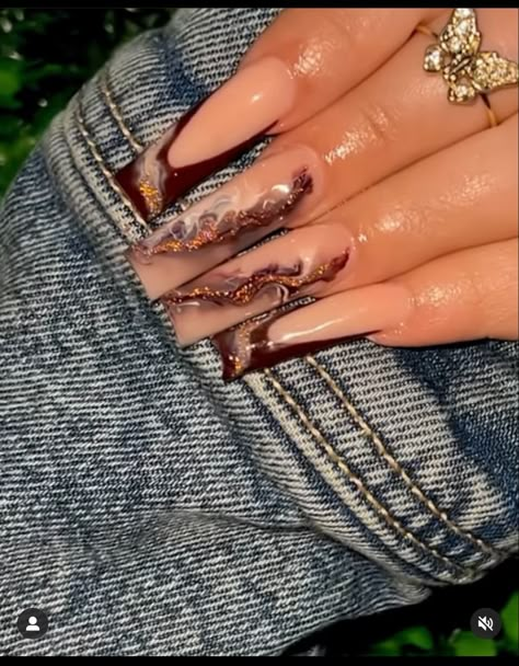 Mail Inspo, Brown Acrylic Nails, Gold Acrylic Nails, Sassy Nails, Edgy Nails, Fall Acrylic Nails, Short Square Acrylic Nails, Pretty Gel Nails, Long Acrylic Nails Coffin