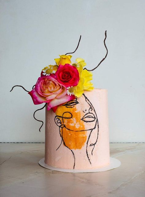 Face line art cake #butterecream #wire #spatulas #painbrushes #art #artcake #womanface #realflowers #cake #cakedecorating #cakeart #cakedecor #cakesdecor Face Cake Design, Line Art Cake, Abstract Cake, Baking Cakes Ideas, Modern Birthday Cakes, Single Tier Cake, Face Line Art, Boho Wedding Cake, Art Cake