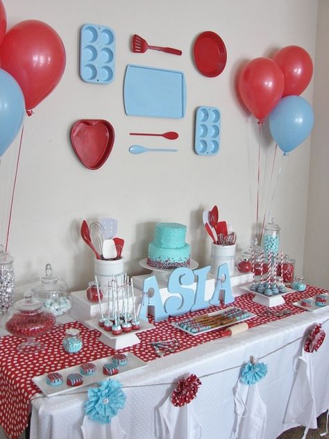 Love the wall decorations at a this baking themed girl birthday party!  See more party ideas at CatchMyParty.com! Baking Birthday Party Ideas, Bake Squad, Ratatouille Party, Baking Birthday Party, Kids Cooking Party, Baking Birthday Parties, Cooking Theme, Baking Theme, Cooking Party