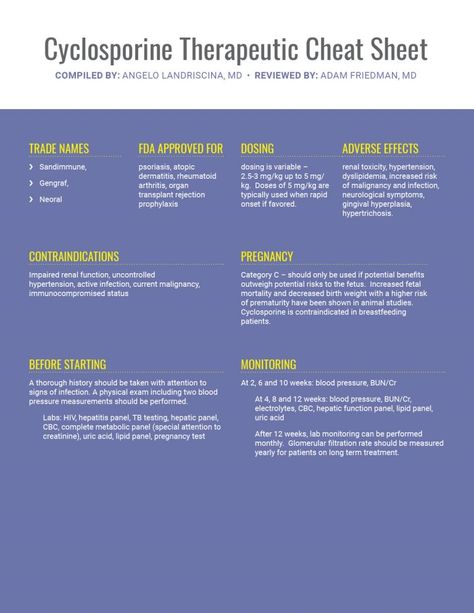 Cyclosporine Therapeutic Cheat Sheet - Next Steps in Dermatology - This series will become your go-to for information about dosing, potential interactions and laboratory monitoring, just to name a few. Next up: Cyclosporine. Cyclosporine is a versatile and valuable tool in the dermatologist’s therapeutic repertoire. Among its strengths are its dependability, rapid onset of action and wide indication. Allow our Therapeutic Cheat Sheet to demystify its use. B Cell, Organ Transplant, Nurse Stuff, Nursing Notes, Pharmacology, Cheat Sheet, Flash Cards, Dermatology, Cheat Sheets