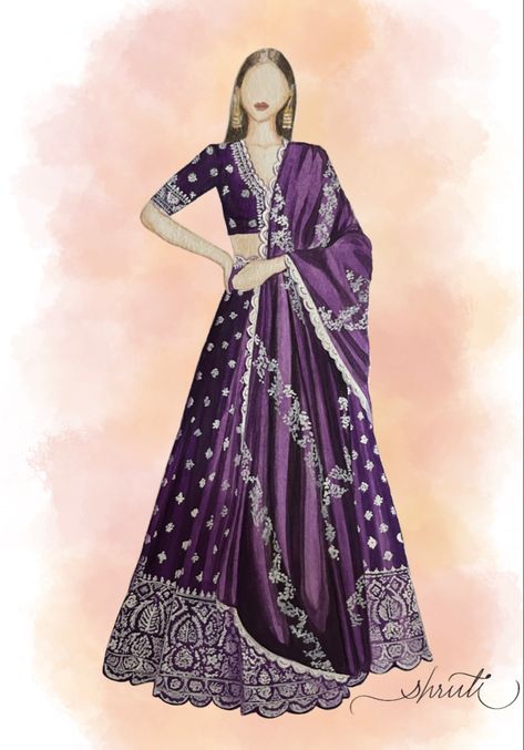 Hand painted water colour illustration of a beautiful dark purple lehenga designed by Jayanthi Reddy Purple Dress Illustration, Indian Bridal Lehenga Illustration, Lehenga Illustration Indian Fashion, Jayanthi Reddy Lehenga, Lehenga Design Sketch, Traditional Illustrations Sketches, Lehenga Designs Sketches, Lehnga Illustrations, Lehenga Designs Illustration