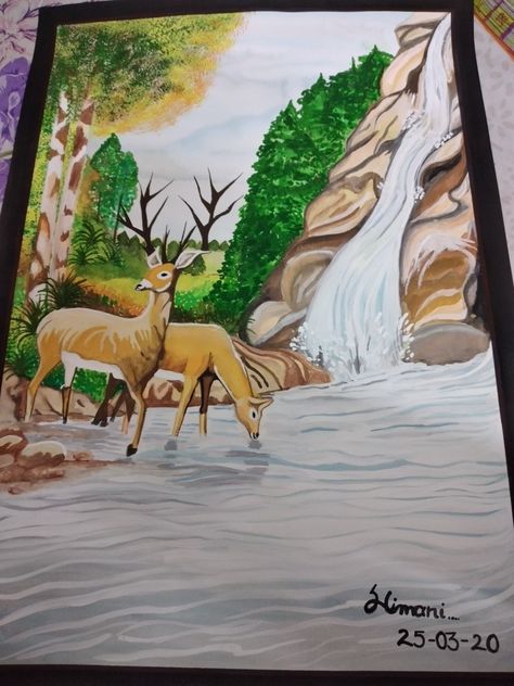 Animal Scenery Drawing, Exam Drawing, Watercolor Course, Scenery Drawing For Kids, Easy Scenery, Forest Sketch, Lantern Painting, Deer Drawing, Forest Drawing