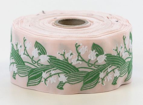 Embroidered Ribbon Ideas, Band Weaving, Lilies Of The Valley, Valley Green, Floral Ribbon, Vintage Ribbon, Ballet Pink, Antique Wood, White Lilies