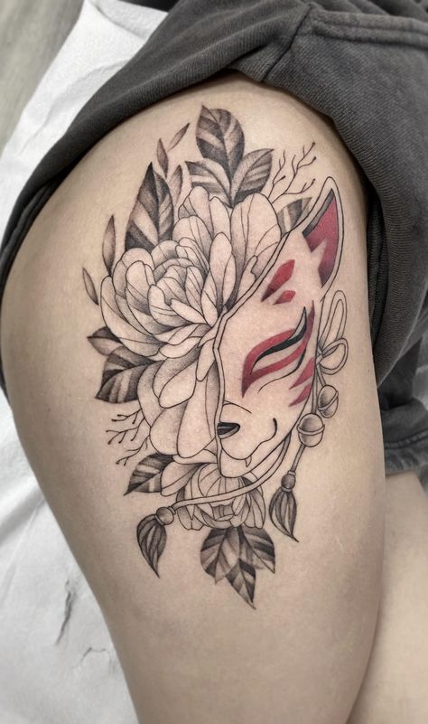 Big Anime Tattoo Ideas, Anime Hip Tattoo, Japanese Kitsune Mask Tattoo Design, Japanese Inspired Tattoos For Women, Anime Tattoos Women, Japanese Hip Tattoo, Japanese Tattoo Art Women, Mask Tattoos For Women, Japanese Kitsune Mask Tattoo