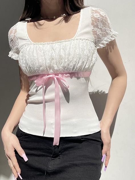 Style: Casual/Street/Vintage/Sweet/Y2K Fabric Content: Polyester Fit Type: Slim Fit Neckline: U Neck Sleeve Length: Short Sleeve White T Shirt Women, Y2k Fabric, Fem Fits, Patchwork Tee, Coquette Clothing, Pizza Bianca, Frilly Top, Bubble Sleeve Top, Elegant Attire