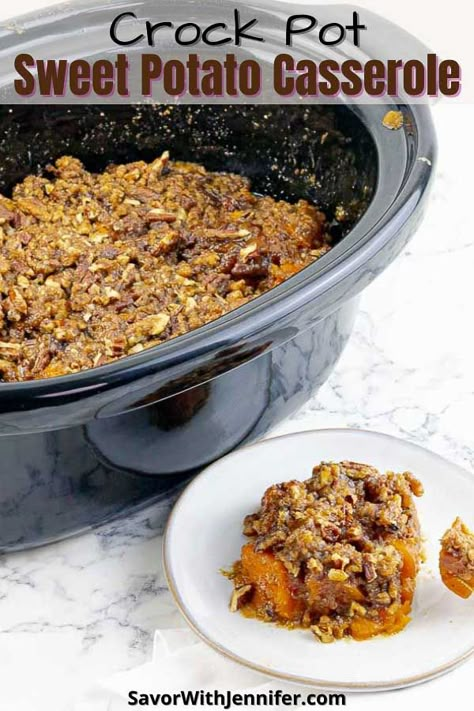 Forget the sticky marshmallows and instead, try this incredibly easy Slow Cooker Sweet Potato Casserole that combines tender cubes of sweet potatoes in a maple syrup infused, light caramel sauce all topped with a toasty, pecan crumble crust. The best part? The Crock Pot does almost ALL the work! #savorwithjennifer #sweetpotatocasserole #holidayside #sidedish via @Savor With Jennifer Crockpot Sweet Potato Casserole, Slow Cooker Sweet Potato Casserole, Sweet Potato Casserole Recipes, Sweet Potato Casserole Crock Pot, Sweet Potato Crunch, Potato Casserole Recipes, Crock Pot Sweet Potatoes, Sweet Potato Toppings, Maple Sweet Potatoes