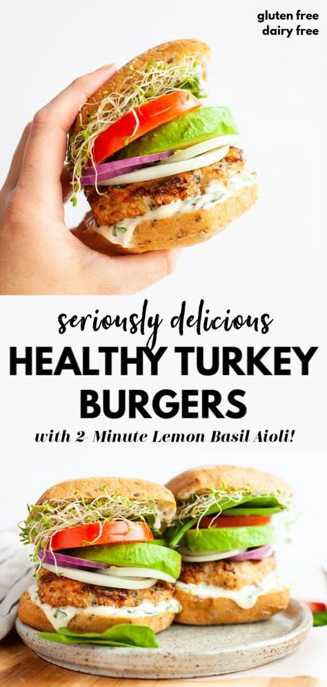 Healthy Turkey Burgers Clean Eating, Clean Eating Burgers, Basil Turkey Burgers, Turkey Burger Healthy, Healthy Burgers Clean Eating, Gluten Free Turkey Burgers, Lean Burger Recipes, Grilled Turkey Burger Recipes, Healthy Turkey Burger Recipes