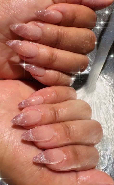 Neutral Nails With Glitter Ombre, Acrylic Nail With Gel Polish, Cat Eye Polish French Tip, Cat Nail Polish, Silver Cat Eye French Nails, Almond Shape Cat Eye Nails, Stylish French Tip Nails, Nails Inspiration Cat Eye, Cat Eyes French Tip Nails