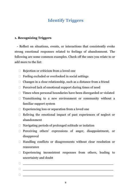 Abandonment Worksheets (+30 Pages of evidence-based techniques and strategies) What’s Included? How Do You Experience Abandonment? Explore the Impact Identify Triggers Challenge Negative Beliefs Thought Log Coping with Difficult Emotions Reparenting Yourself Identifying Core Values Exploring Identity Imaginal Exposure Positive Affirmations Building Secure Relationships Assertiveness Training Meaning-Making Abandonment Prompts, Abandonment Wound Affirmation, Abandonment Therapy Activities, Fear Of Abandonment Worksheet, Abandonment Worksheets, Abandonment Triggers, Abandonment Affirmations, Identity Worksheet, Reparenting Yourself