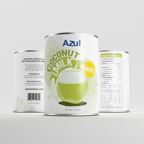 Azul Coconut Milk Design (13.5 oz can label) Product packaging contest design#product#packaging#winning Milk Label, Milk Packaging Design, Milk Design, Milk Packaging, Modern Brochures, San Pellegrino, Milk Cans, Custom Packaging, Contest Design