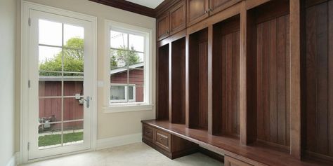 Transform Your Coat Closet Into a Mini Mudroom | Dumpsters.com Wood Mudroom, Laundry Room Storage Solutions, Farmhouse Mudroom, Mudroom Cabinets, Mudroom Lockers, Classy Closets, Mudroom Ideas, Mudroom Entryway, Mud Room Storage