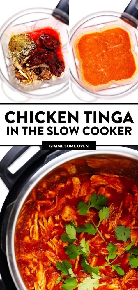 If you're looking for an amazing chicken tinga recipe, this one is perfect to make in the slow cooker. Just combine your ingredients in a large crockpot and cook on high for 1-2 hours or on low for 3-4 hours, until the chicken shreds easily with a fork. This smoky shredded chicken can be used to make tostadas, tacos, burritos, quesadillas, enchiladas, nachos, taquitos, salads and more! Chicken Tinga Taquitos, Chicken Tinga Crockpot Slow Cooker, Chicken Tinga Tacos Crockpot, Chicken Tinga Slow Cooker, Crockpot Chicken Tinga Recipe, Slow Cooker Tinga Chicken, Tinga Crockpot Recipe, Chicken Tinga Recipe Crock Pots, Chicken Tinga Quesadilla