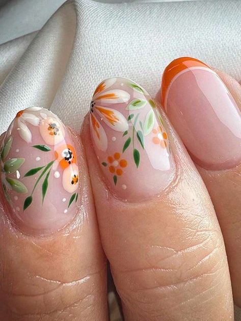 24pcs Classic Short Style Orange French Manicure With Colorful Floral Pattern & Oval Shape ,Nail Art Decoration For Women + 1pc Jelly Gel & 1pc Nail File | SHEIN USA Woodland Nails, Summer Nails Floral, Oval Nails French, Pink Nail Art Designs, Orange Nail Designs, Yellow Nail Art, Yellow Nails Design, Elegant Manicure, Thanksgiving Nail Designs