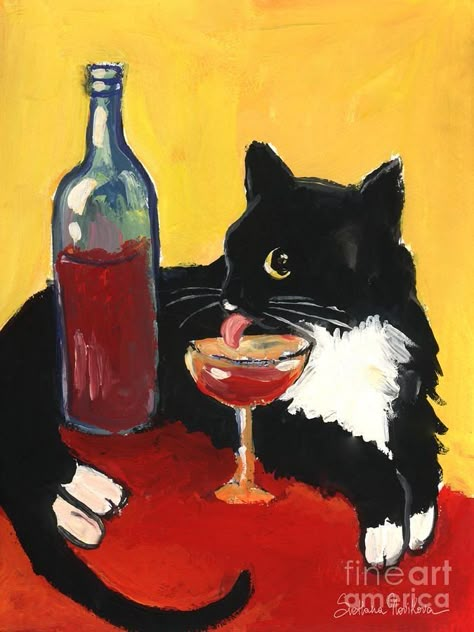 Morning Cat, Arte Grunge, Wine And Canvas, Cat Drinking, Wine Art, Tuxedo Cat, Arte Inspo, Art Inspiration Painting, Cat Painting