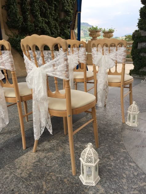 Ivory lace chair sashes Wedding Chairs Ribbon, Wedding Chairs With Ribbon, Matchmaker Wedding Chair, Bows On Chairs Wedding, Bows On Chairs Wedding Ceremony, Lace Chair Sash, Dream Bedroom Luxury, Wedding Chair Sashes, Chair Bows