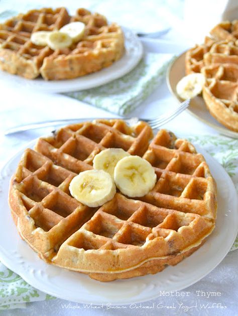 Whole Wheat Banana Oatmeal Greek Yogurt Waffles » Mother Thyme Greek Yogurt Waffles, Yogurt Waffles, Mother Thyme, Yoplait Yogurt, Oatmeal Waffles, Banana Waffles, Healthy Waffles, Walden Farms, Crepes And Waffles