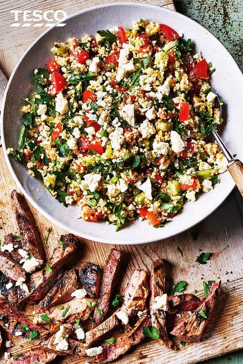 Dinner for two has never been easier with this minted lamb and couscous salad – on the table in just 15 minutes. Quickly sear minted lamb steaks and serve with a colourful couscous salad for easy summer cooking. | Tesco Lamb And Couscous, Lamb Salad Recipe, Salad To Go With Lamb, Lamb And Couscous Recipes, Lamb Couscous Recipes, Lamb Couscous, Recipes Couscous, Tesco Recipes, Fall Salads