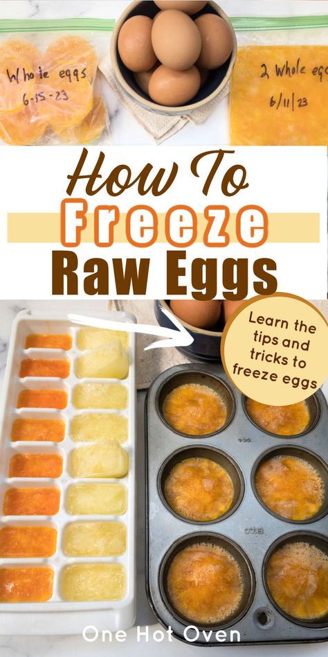 Pinterest pin for freezing eggs with a text overlay. Freezing Eggs How To, How To Preserve Eggs Long Term, Freeze Raw Eggs, How To Freeze Eggs, Freezing Food Guide, Freeze Eggs, Just Egg, Pressure Canning Recipes, Raw Eggs