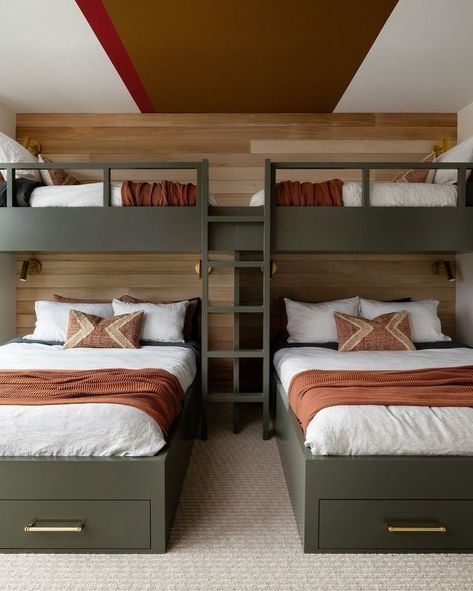 Green Built In Bunk Beds, Loft Style Bunk Beds, 3 Beds One Room, Large Bunk Room, Guest Room With Bunk Beds, Bunk Rooms Lake House, Bedroom Ideas With Bunkbeds, Cabin Bunks, Adult Bunk Beds Guest Rooms