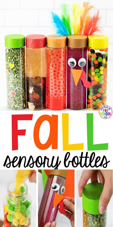 Preschool Sensory Bottles, Fall Sensory Bottles, Make Sensory Bottles, Sensory Bottles For Toddlers, Sensory Bottles Preschool, Turkey Theme, Pocket Of Preschool, Fall Sensory, Calm Down Bottle