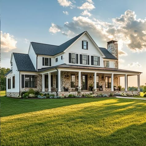 Farmhouse Gallery Future House Farmhouse, Farmhouse With Big Windows, Modern Farmhouse Style Exterior, Farm Houseplans Interior, Country Farmhouse Aesthetic, Farmhouse Interior Ideas, Farmhouse Furniture Ideas, Huge Farmhouse, Farmhouse Blueprints