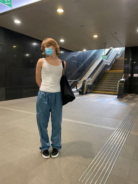 pretty white boi wearing vintage outifit with white tank topand black vans slipons #mullet #vintageoutfit #vintageoutfitideas Slip On Vans Outfit, Vans Slip On Outfit, Slip On Outfit, Slip On Vans, Vans Outfit, Black Vans, Vans Slip On, The Underground, Streetwear Outfit