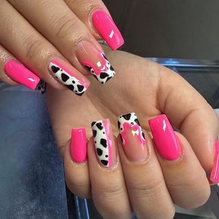 Hot Pink Nails With Cow Print, Neon Cow Nails, Hot Pink Cow Print Nails, Pink Western Nails, Pink Cow Print Nails, Disco Nails, Cow Print Nails, Pink Cow Print, Western Nails