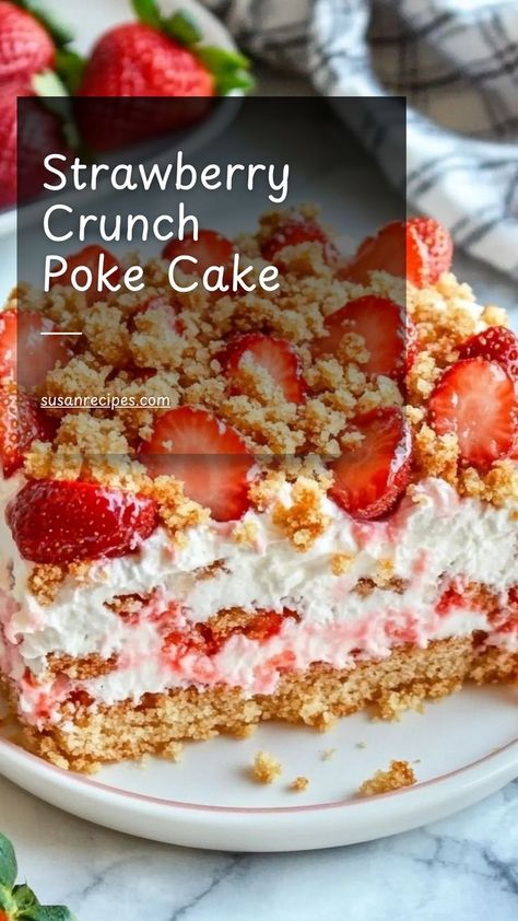 Indulge in layers of sweetness with this Strawberry Crunch Poke Cake—each bite is a bite of pure nostalgia and crunchy joy! 🍓🎂 #PokeCakePerfection #StrawberryDream #DessertHeaven #CrunchTime #RetroVibes #BakingFun #SummerTreats #DeliciousLayers #FoodieFaves #SatisfyYourSweetTooth Strawberry Crunch Poke Cake, Strawberry Shortcake Bars, Cake Mix Brownies, Strawberry Crunch Cake, Strawberry Poke Cakes, Strawberry Crunch, Ice Cream Bars, Eclair Cake, Strawberry Delight