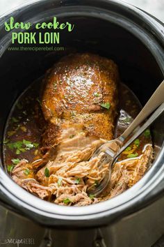 This easy Slow Cooker Pork Loin recipe includes a flavorful garlic herb rub and is slow cooker in apple juice for extra flavor! Fall apart tender! #slowcooker #slowcookerrecipes #crockpot #crockpotrecipes #pork #recipe #recipeoftheday #dinnerrecipes Slow Cooker Pork Loin Roast, Roast In Slow Cooker, Pork Loin Recipes Slow Cooker, Cooking Pork Loin, Roast Slow Cooker, Slow Cooker Pork Loin, Crockpot Pork Loin, Pork Loin Recipe, Crockpot Pork Roast