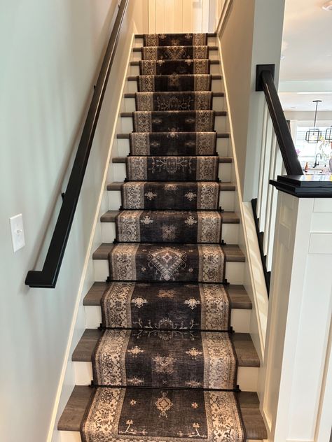 Stair runner with “Ruggable” brand rug and pad. Black Stairs, Staircase Remodel, Stair Decor, Stair Runner Carpet, House Stairs, Stair Runner, Kitchen Reno, Hallway Ideas, Carpet Runner