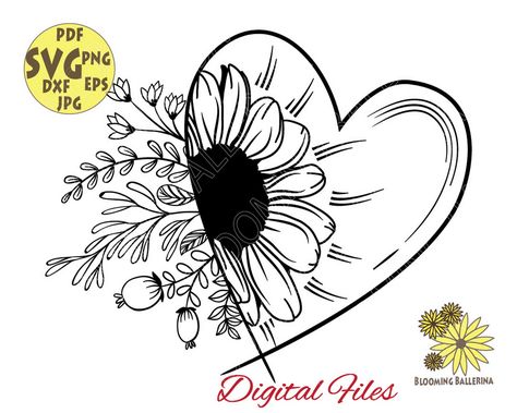 Half Sunflower, Sunflower Heart, Svg Sunflower, Sunflower Hearts, Botanical Plants, Wreath Drawing, Flowers Svg, Pumpkin Carvings Stencils, Sunflower Shirt