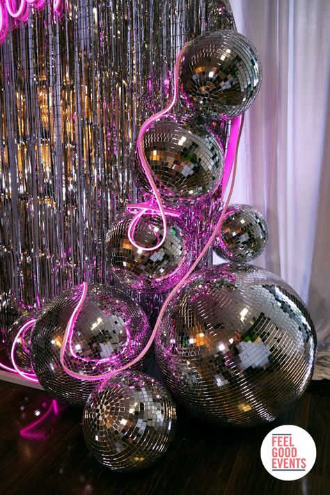 Sparkle Party Decorations, Disco Ball Installation, 70s Roller Disco, Miami Vice Party, Nye 2024, 70’s Disco, 80th Birthday Decorations, Disco Vibes, Disco Birthday Party